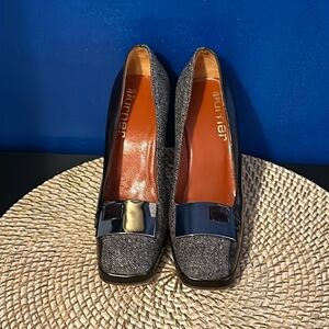 Women’s Eva Turner Italian Leather & Fabric Silver Buckle Platform Heels Size 36